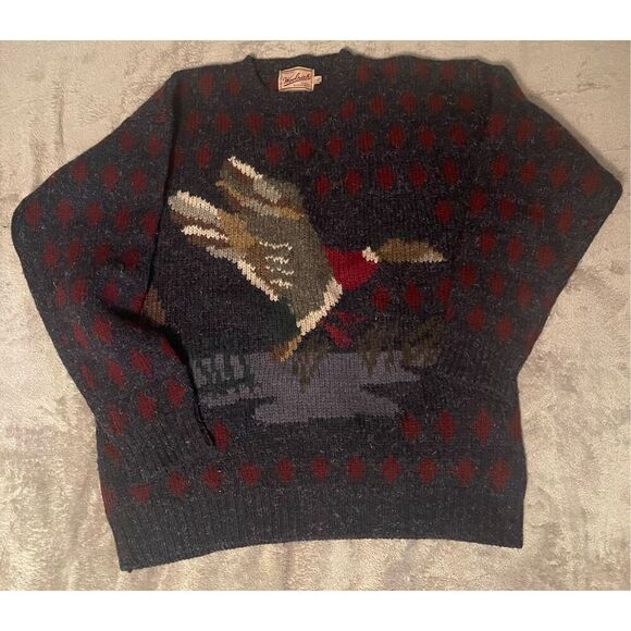 Woolrich Duck Mallard Graphic Knit Sweater Pullover 100% Wool Blue Mens Sz L - Picture 1 of 10